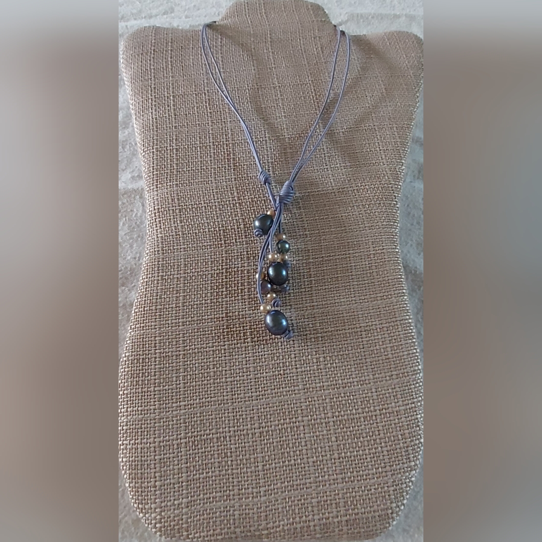 Handmade Peacock & Gold Pearl & Light Purple Leather 2-Way Necklace